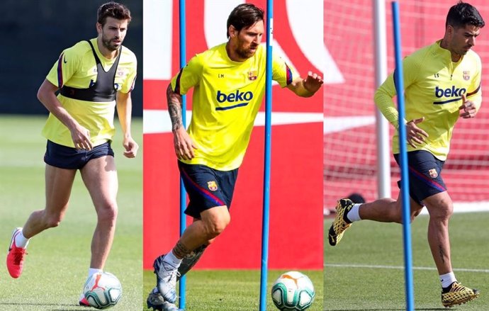 Gerard Piqué,  Leo Messi i Luis Suárez entrenen, en solitari, a la Ciutat Esportiva Joan Gamper després de 56 dies d'inactivitat