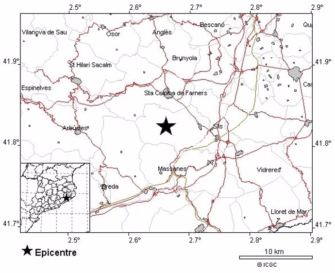 Mapa de la zona on s'ha sentit el tremolor aquest divendres 8 de maig del 2020, amb l'epicentre marcat amb un estel