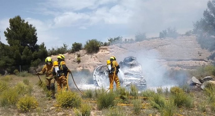 Los bomberos extinguiendo el coche en llamas.