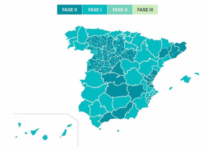 Mapa de los territorios que pasarán a Fase 1 este lunes.