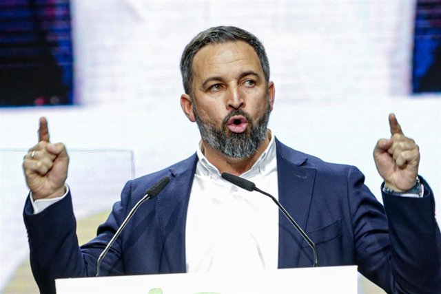 El presidente de Vox, Santiago Abascal, interviene en el acto central de la Asamblea General Ordinaria del partido en el Palacio de Vistalegre (Madrid/España) a 8 de marzo de 2020.