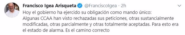 Tuit del vicepresidente y portavoz de la Junta de Castilla y León, Francisco Igea, sobre la desescalada.