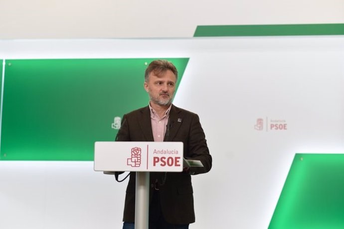El portavoz parlamentario del PSOE-A, José Fiscal, en rueda de prensa telemática.