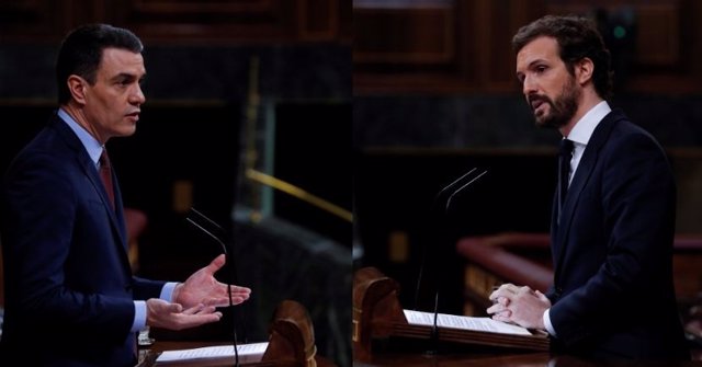 Montaje fotográfico del presidente del Gobierno, Pedro Sánchez, y del líder del PP, Pablo Casado, en el Congreso