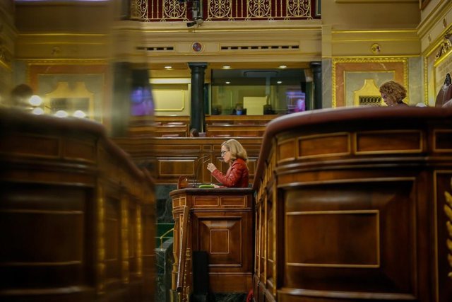 La vicepresidenta de Asuntos Económicos, Nadia Calviño, interviene desde la tribunal del Pleno del Congreso