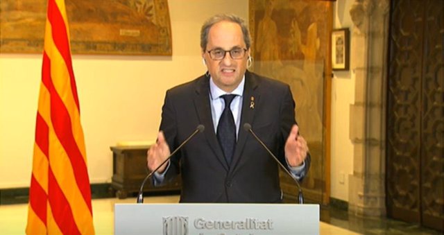 El presidente de la Generalitat, Quim Torra, en la rueda de prensa posterior a la novena reunión de presidentes autonómicos, a 10 de mayo de 2020.