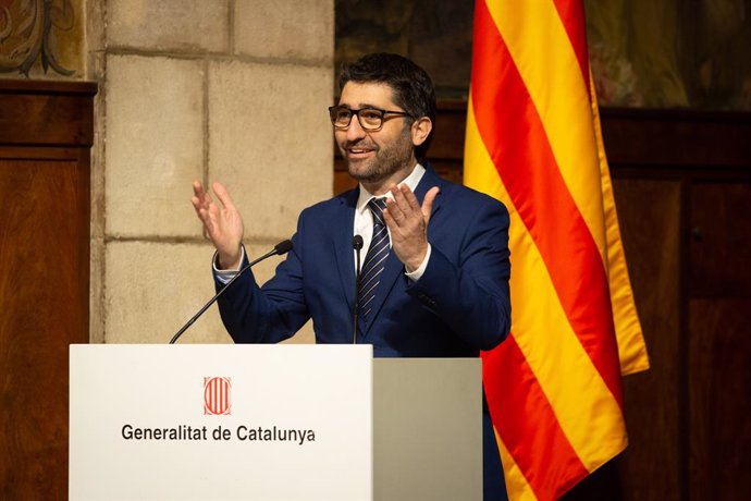 El conseller de Polítiques Digitals i Administracions Públiques, Jordi Puigneró, durant el seu discurs en la presentació de l'Estratgia d'Intelligncia Artificial de Catalunya, a Barcelona/Catalunya (Espanya) a 18 de febrer de 2020.