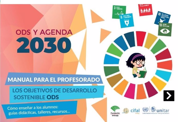 Cartel del manual sobre ODS y Agenda 2030 para el profesorado elaborado por Cifal Málaga y financiado por Fundación Unicaja