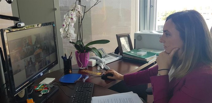 Imagen de la consejera de Fomento, Marifrán Carazo, en una imagen de archivo durante una videoconferencia celebrada con el ministro José Luis Ábalos y las comunidades autónomas.