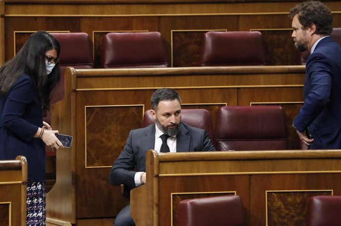 El líder de Vox, Santiago Abascal (c), y el portavoz de Vox en el Congreso, Iván Espinosa de los Monteros, asisten al pleno del Congreso