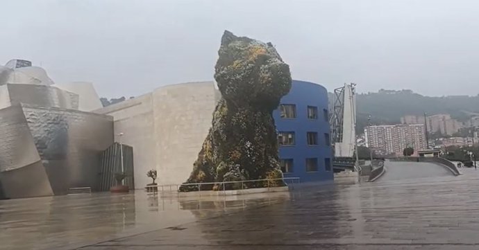 Imagen del exterior del Museo Gugenhei y Puppy en una jornada lluviosa