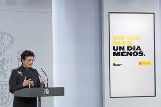 La ministra de Asuntos Exteriores, UE y Cooperación, Arancha González Laya, en rueda de prensa telemática en el Palacio de la Moncloa para informar del Consejo Europeo del 23 de abril de 2020