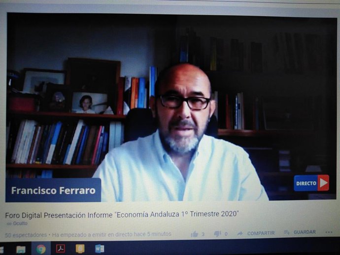 El presidente del Observatorio Económico de Andalucía, Francisco Ferraro, este miércoles en la presentación del informe del primer trimestre de 2020. 