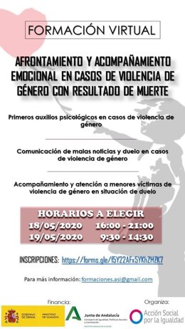 Imagen del cartel de la formación que ofrece el IAM sobre acompañamiento emocional para casos mortales de violencia de género. 