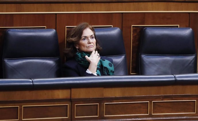 La vicepresidenta primera del Gobierno, Carmen Calvo, este miércoles durante la sesión de Control al Ejecutivo en el Congreso, en Madrid (España), a 13 de mayo de 2020.