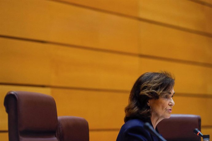 La vicepresidenta primera y ministra de la Presidencia, Relaciones con las Cortes y Memoria Democrática, Carmen Calvo, en el Senado.