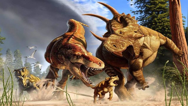 Tiranosaurus rex se enfrenta a un Spinops