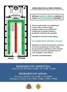 Cartel informativo del recorrido en sentido único en el Santuario de la Virgen de la Cabeza
