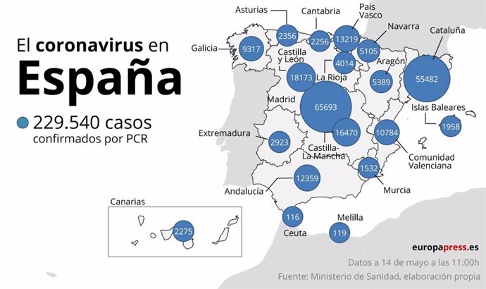 Mapa con casos de coronavirus en España a 14 de mayo a las 11:00