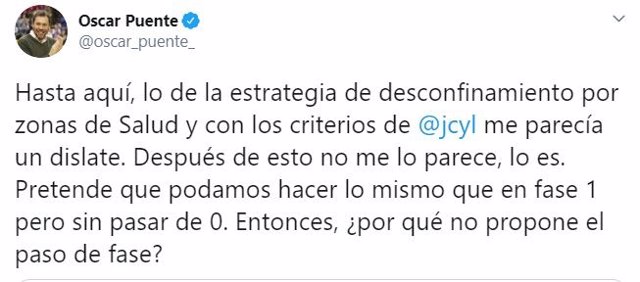 Tuit del alcalde de Valladolid, Óscar Puente, en el que opina sobre los criterios de desescalada en Castilla y León.