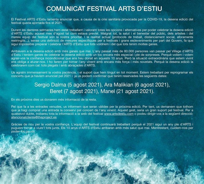 Coronavirus.- Aplazado al 2021 el Festival Arts d'Estiu de Pineda de Mar (Barcelona)