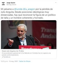 Azcón traslada su pésame a IU por la muerte de Julio Anguita, "un político de talla, coherente y honrado"