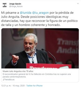 Tuit del alcalde de Zaragoza, Jorge Azcón