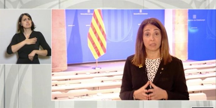 La portavoz del Govern, Meritxell Budó, en rueda de prensa telemática
