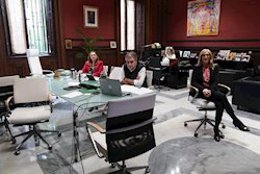 Imagen de la videoconferencia que tuvo el 14 de abril el consejero de la Presidencia, Elías Bendodo, con UGT, CCOO y CSIF para el regreso presencial de los funcionarios de la Junta. 