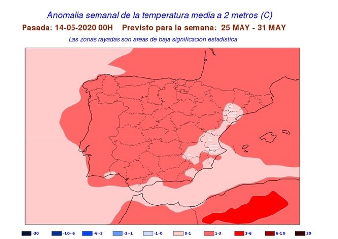 Mapa elaborado por la Aemet sobre la previsión para las dos próximas semanas