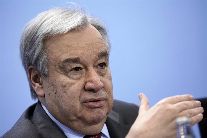 FILED - 19 January 2020, Berlin: Antonio Guterres, Secretary-General of the United Nations, speaks at a press conference after the Libya conference. Guterres issued a warning that lesbian, gay, bisexual, trans and intersexpeople are facing "increased v