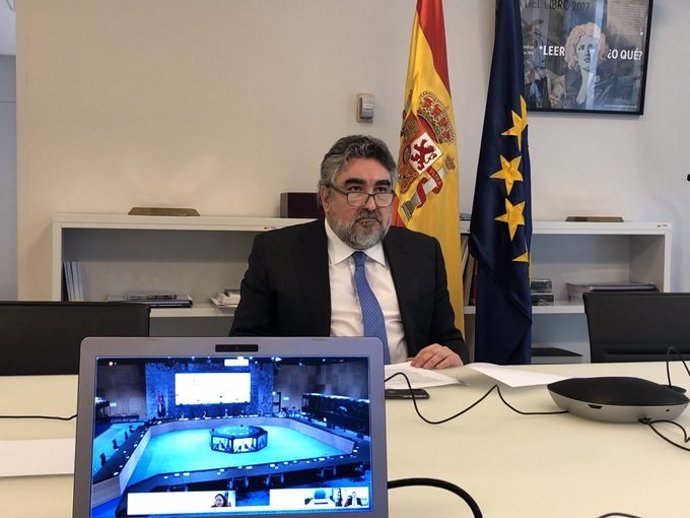 El ministro de Cultura y Deporte, José Manuel Rodríguez Uribes, durante una reunión telemática (Foto de archivo)