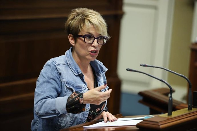 La consejera de Economía y Empleo del Gobierno de Canarias, Elena Máñez, en el Pleno del Parlamento