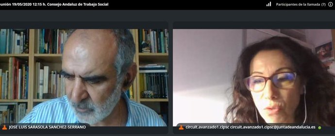 La consejera de Igualdad, Rocío Ruiz, duranta la videoconferencia que ha mantenido con el Colegio Andaluz de Profesionales de Trabajo Social.