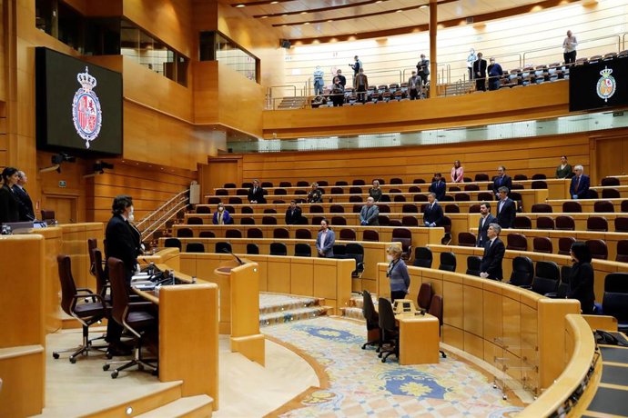 Vista general del Senado durante el minuto de silencio en conmemoración a las víctimas del coronavirus, al inicio del primer pleno de control al Gobierno en el Senado desde la declaración del estado de alarma con un presencia reducida al 10% de los sena
