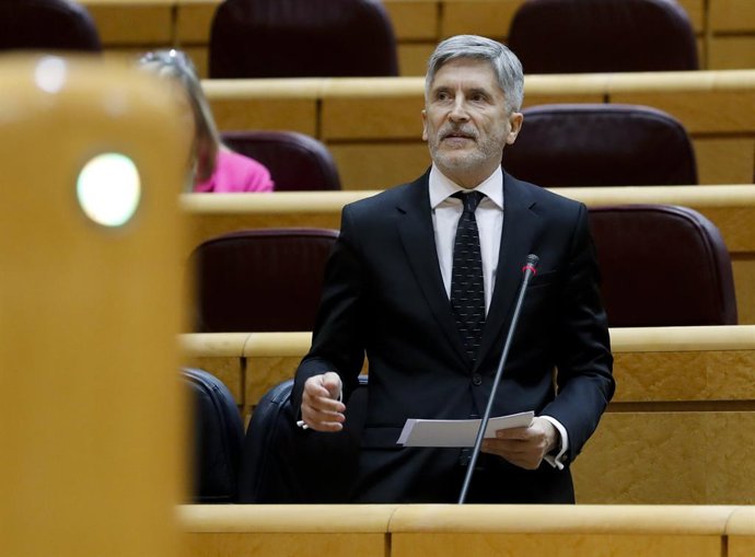 El ministro del Interior, Fernando Grande-Marlaska, durante su intervención en la Sesión de Control al Gobierno en el Senado donde responderá sobre las actuaciones que el Ministerio del Interior está desarrollando en esta crisis del COVID-19, en Madrid 