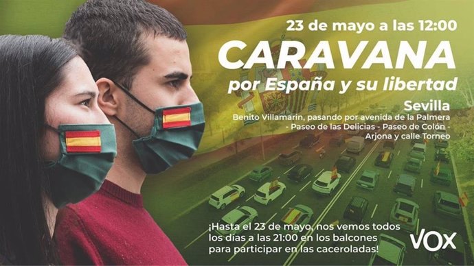 Convocatoria de Vox para la caravana de vehículos este sábado en Sevilla en protesta por la acción del Gobierno.