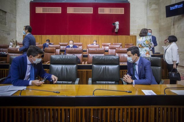 Sesión plenaria en el Parlamento andaluz     El presidente de la Junta de Andalucía, Juanma Moreno (d), conversa con el vicepresidente de la Junta, Juan Marín (i) .