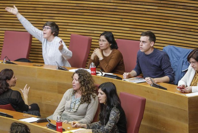 (I-D) Las diputadas/os de Unidas Podemos, María Pilar Lima Gozálvez, Irene Rosario Gómez Santos, Ferran Martínez Ruiz, entre otros