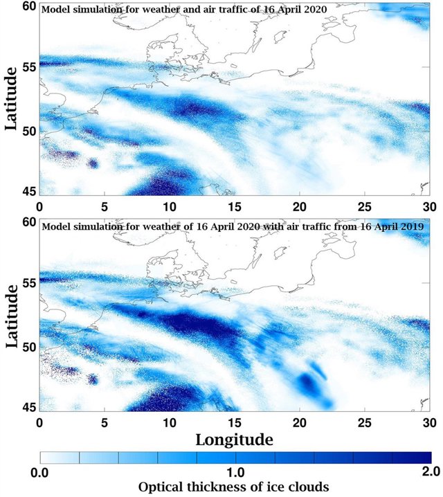 Menos estelas de condensación de aviones por el descenso de tráfico aéreo el Covid19
