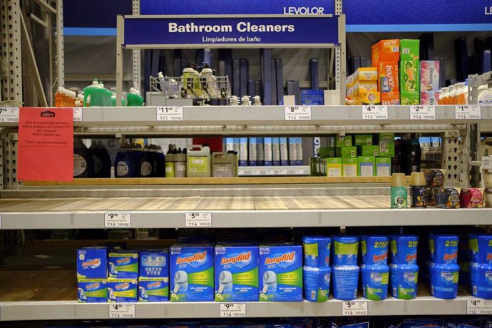 March 11, 2020 - Bloomington, Indiana, United States: Shelves where wipers are sold have been cleared by panic shoppers at Lowe's Home Improvement on the day World Health Organization declared Coronavirus to be a pandemic. Toilet paper, wipes, protectiv