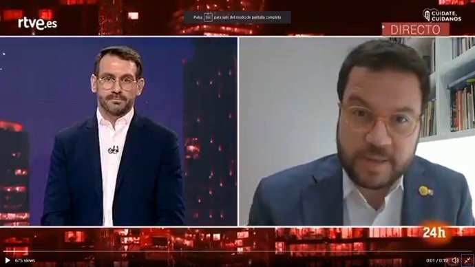 El vicepresident de la Generalitat, Pere Aragons, entrevistat al Canal 24Hores de TVE