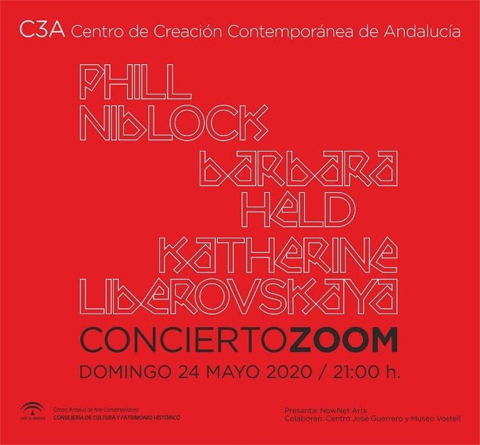Cartel del concierto telemático de Phill Niblock, Barbara Held y Katherine Liberovskaya