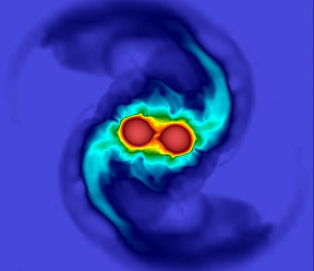 Los resultados de una simulación de la fusión de dos estrellas de neutrones similar al de un evento de onda gravitacional.