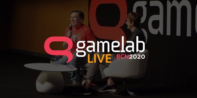Logo de Gamelab 2020 con Shawn Layden (izquierda) de fondo y Mark Cerny (derecha).