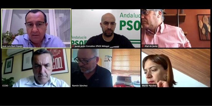 Reunión telemática del PSOE con secretarios generales de CCOO y UGT en Málaga