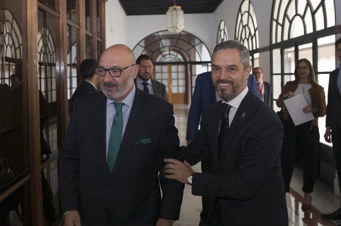El consejero de Hacienda, Industria y Energía, Juan Bravo, (d) junto al portavoz del Grupo Parlamentario de Vox, Alejandro Hernández (i), en una foto de archivo.