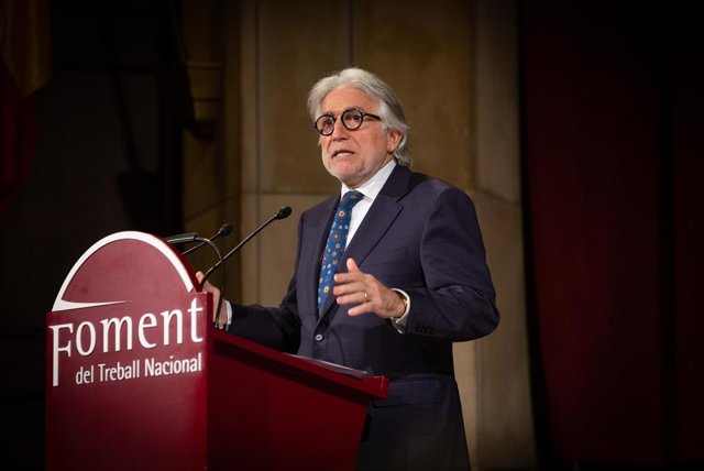 El presidente de Foment de Treball, Josep Sánchez Llibre, durante su intervención en la Asamblea General de la patronal catalana, en Barcelona/Catalunya a 13 de enero de 2020.