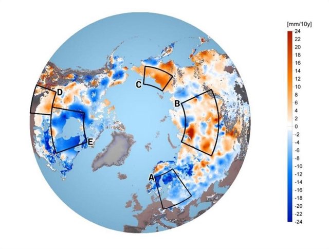 Cambios en la masa de nieve entre zonas del hemisferio norte