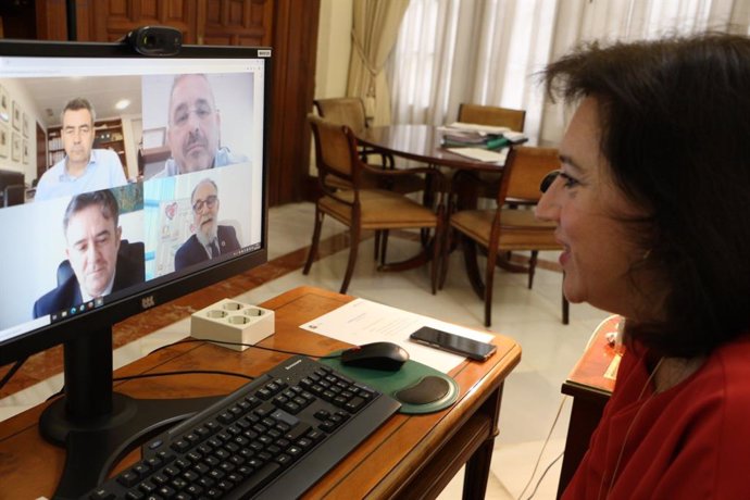 La delegada del Gobierno de España en Andalucía, Sandra García, en una reunión virtual con Mercasa 